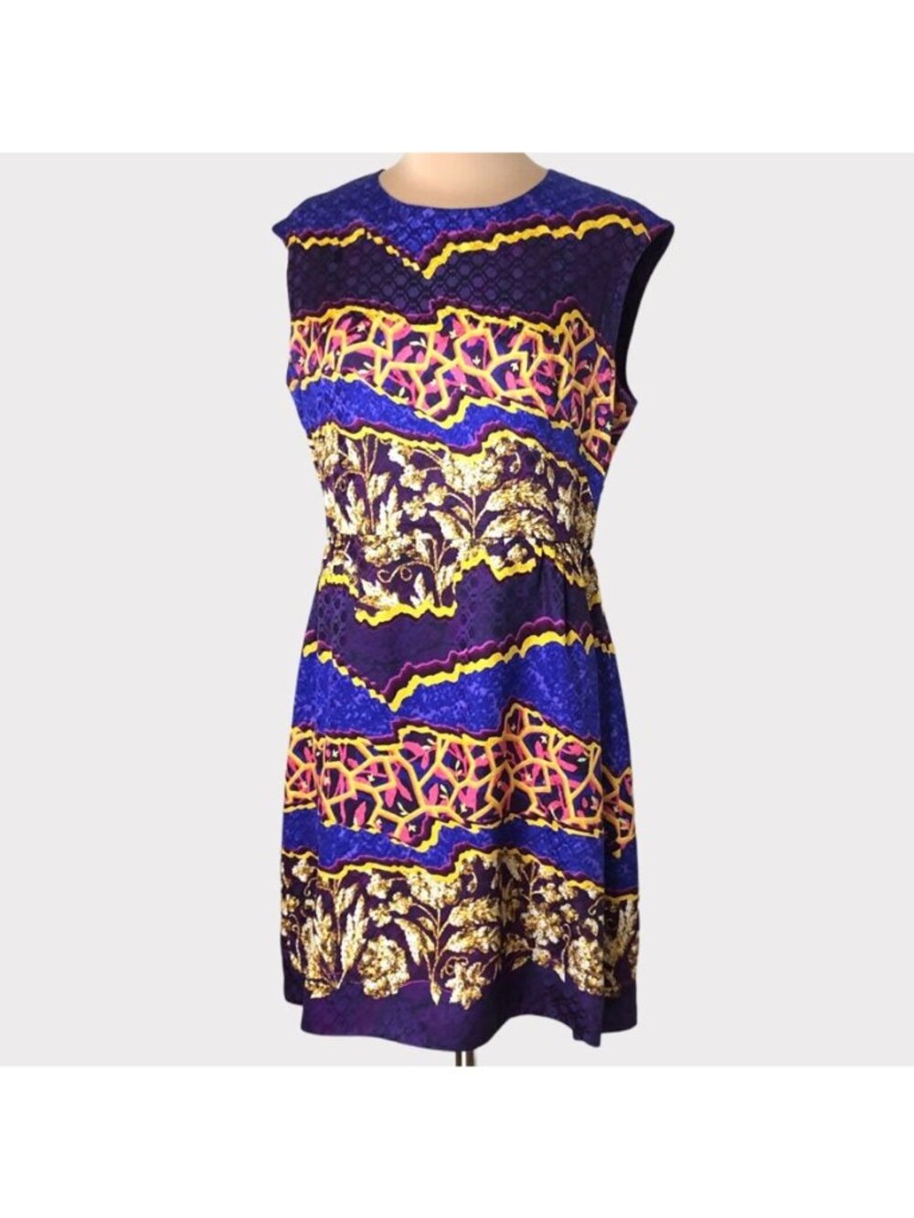 Peter Pilotto Sleeveless Dress 10 Silk Purple Gold Pink Abstract Designer Jewel
